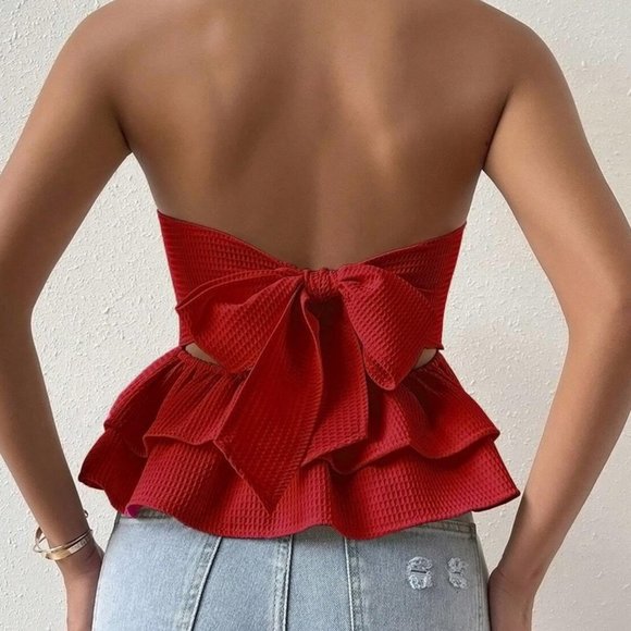 . Tops - Red Womens Frenchy Tie Backless Peplum Tube Top